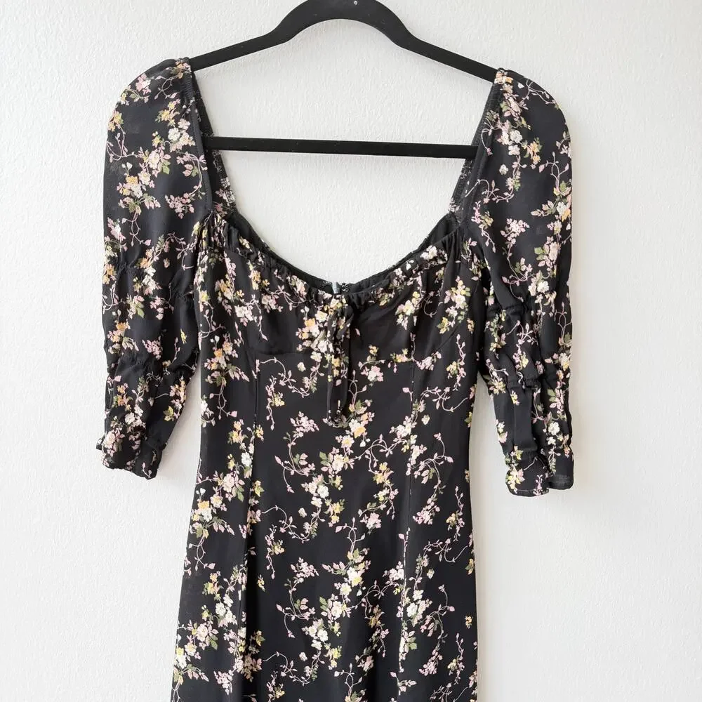 Reformation Clarissa Black Floral Midi Dress – Slit Crepe – Size M (US 6) - Picture 4 of 7